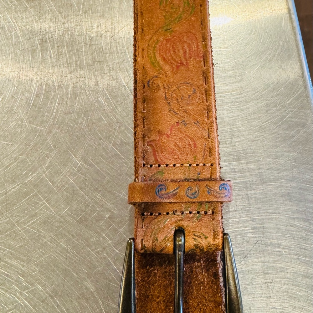 Brown Genuine Leather Belt with Floral Design